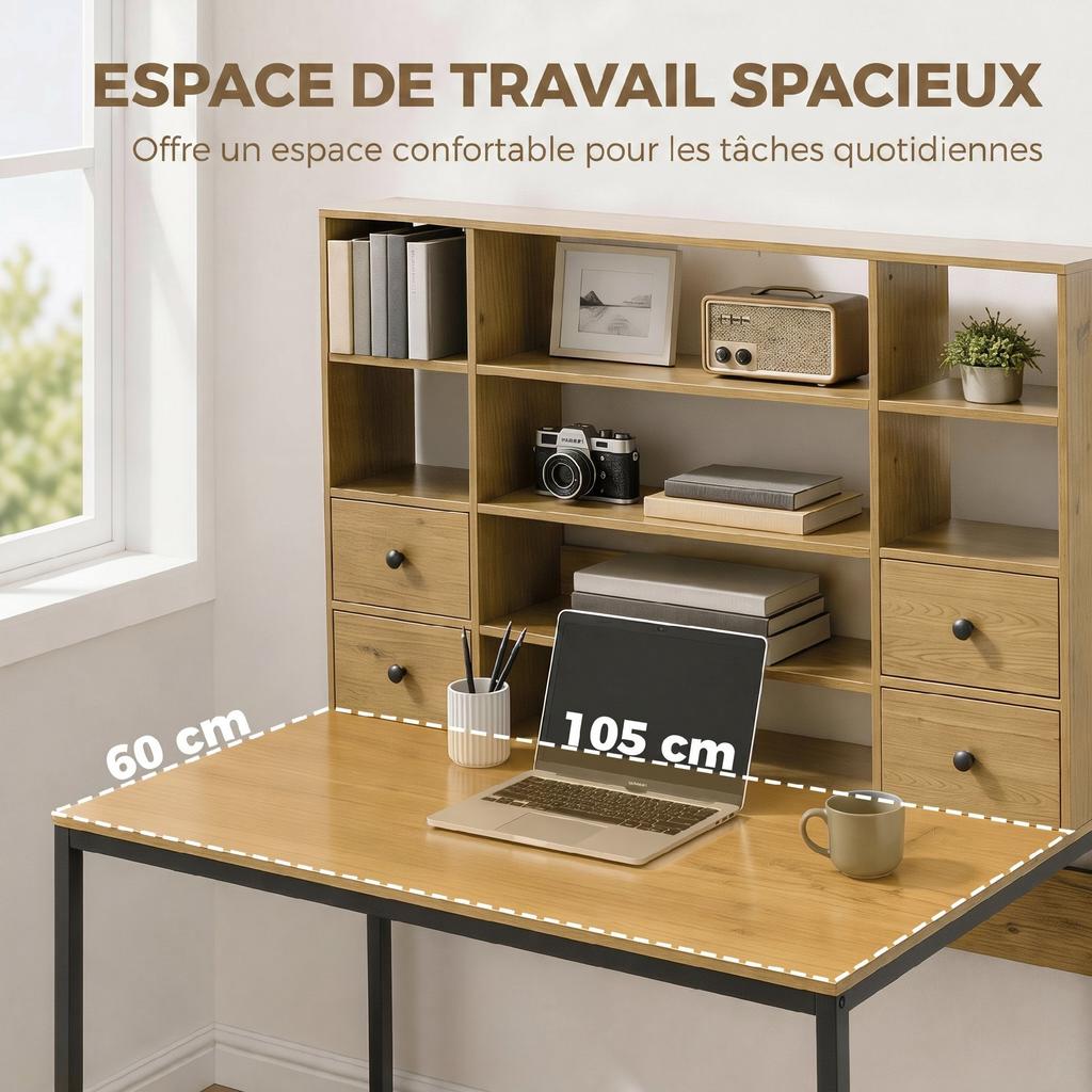 Computer Desk, 4 Drawers, 105 x 60 cm, Open Shelves, Natural Wood