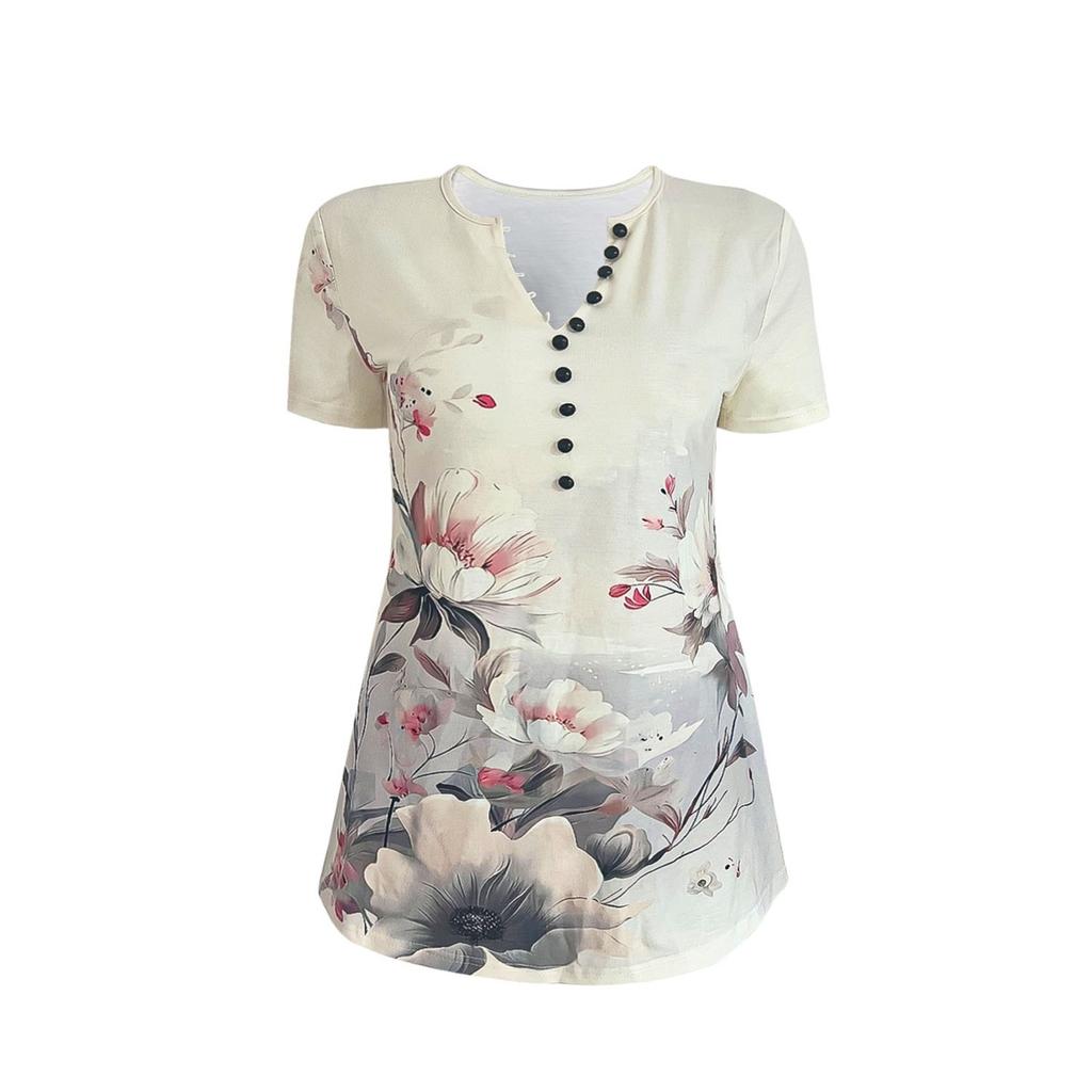 Women's T-shirt short-sleeved V-neck printed casual loose T-shirt