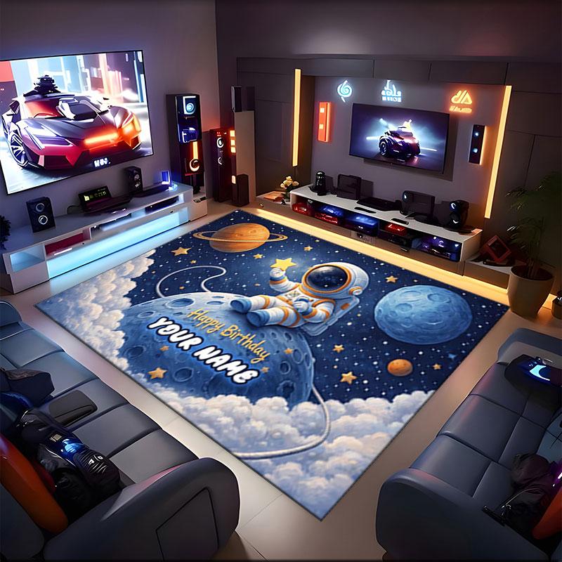 1PC Custom Name Space Astronaut Birthday Theme Floor Mat Ideal for Living Room, Game Rooms, Office, Bedroom,Floor Mat Playful Design