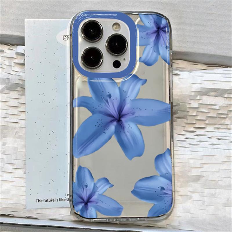 Elegant Blue Flower Lily Print Phone Case For Samsung Galaxy A36 A33 A55 A34 S25 Ultra S24 FE S23 S22 S21 Plus Soft Clear Cover