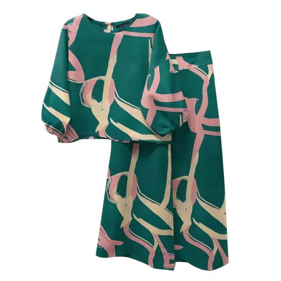 

Женский комплект из 2 шт./компл., комплект с богемным цветочным узором, блузка с круглым вырезом и рукавами 3/4, широкие брюки, свободный костюм L зелёный