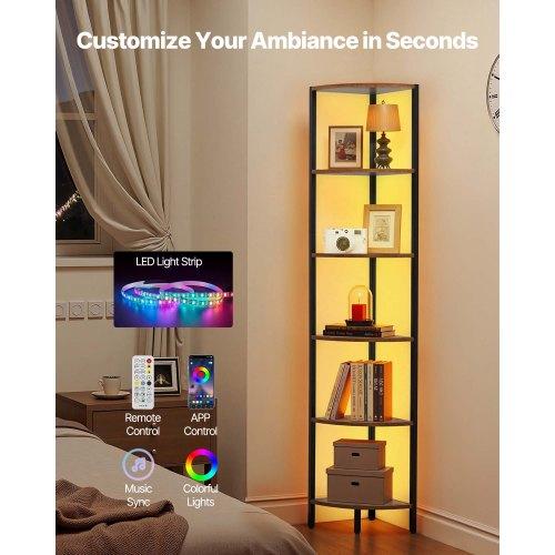 VEVOR 6 Tier Corner Shelf, Tall Corner Stand with LED Light, Wall Shelves Tower Storage Organizer with Metal Frame & Wooden Shelves