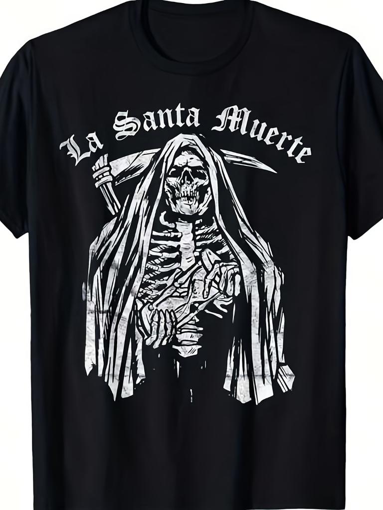 Men'S La Santa Muerte T-Shirt Mexican Folklore Gothic Spanish Skull Scythe Breathable Short Sleeve Polyester Quick-dry