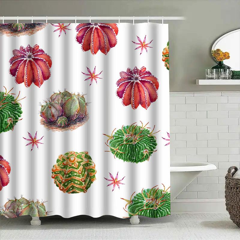 Watercolor Cactus Shower Curtain Bathroom Decor For Kids Bathrooms Pink Red Green Blue Floral Print Customizable Size 180X180Cmw