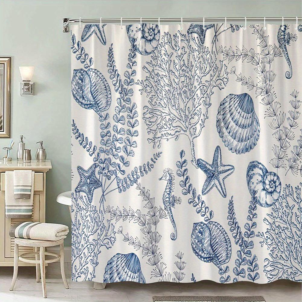 1 blue and white sea creature shower curtain with starfish, shells, seaweed and corals, vintage nautical style, with hooks