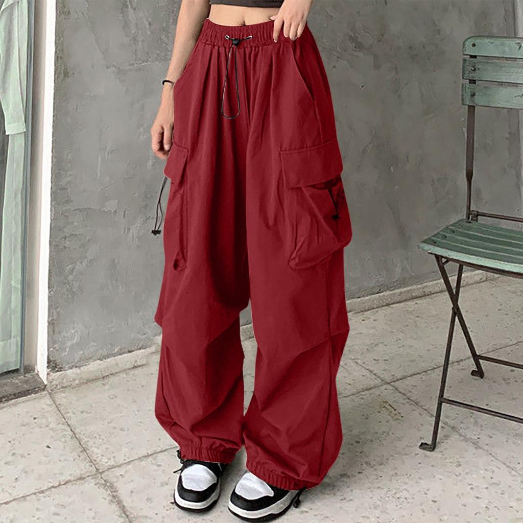 Women's Wide-Leg Athletic Pants with Multiple Pockets, Drawstring and Tapered Ankles