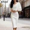 BITCED Vestidos casuales de cuello redondo y manga larga con estampado de colores sólidos para otoño e invierno para mujer