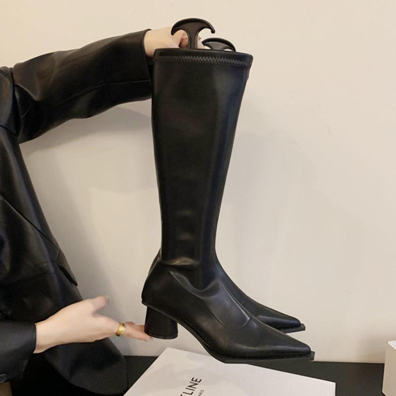 Fashion Pointed Toe Chunky Low Heel Boots Women Winter 2024 Sexy Cozy Soft Leather Knee-high Zipper Design High Boots for Women