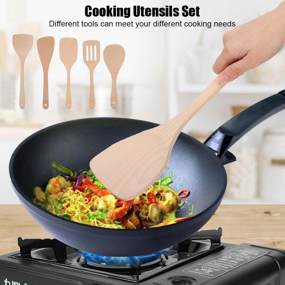 5dílná sada Dřevěná špachtle Lžíce Vařicí nástroj Domácí kuchyňské náčiní Sada pro nepřilnavou pánev