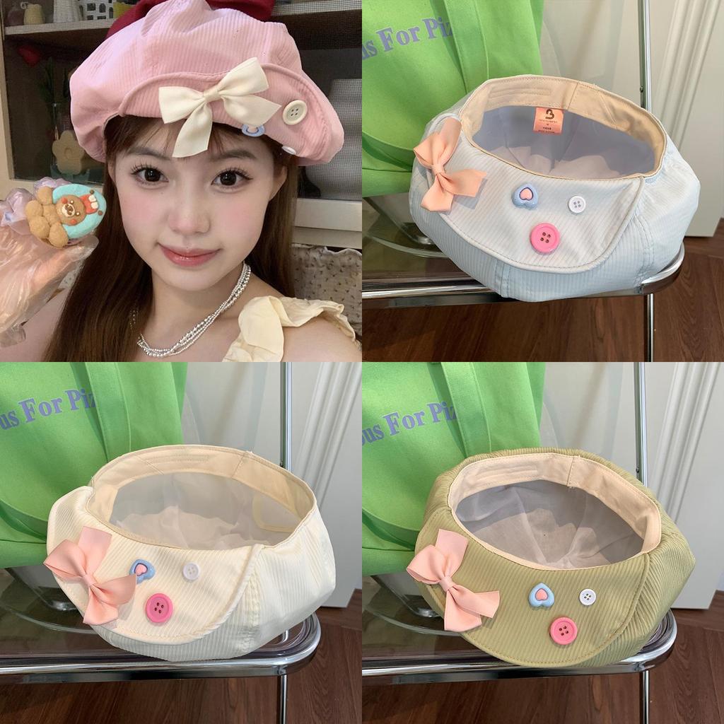 Stylish Japanese Sweet Bowknot Button Cloud Beret Hat For Women In Summer Lightweight Versatile Design