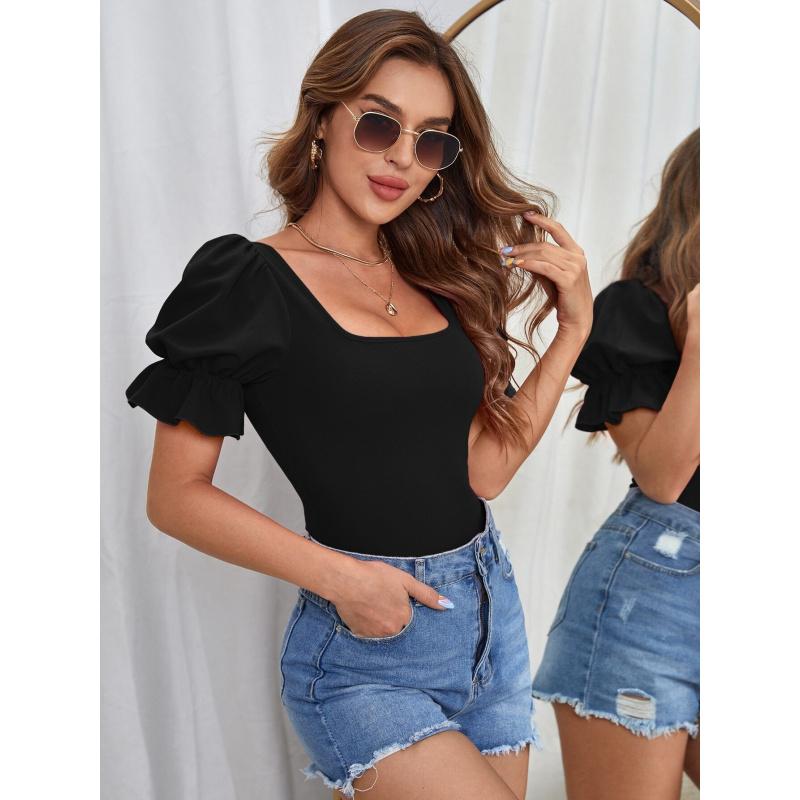 Mono de Manga Abullonada Estilo Europeo y Americano Moda de Verano Elegante Ajustado Sexy Top para Mujer