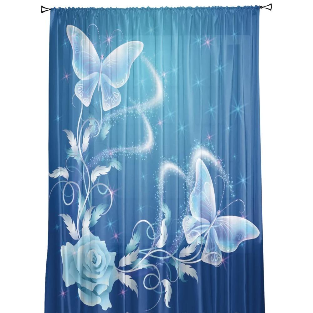 Flower Butterfly Blue Sheer Drapes Living Room Window Curtains For Bedroom Kitchen Home Decoration Curtain Panels