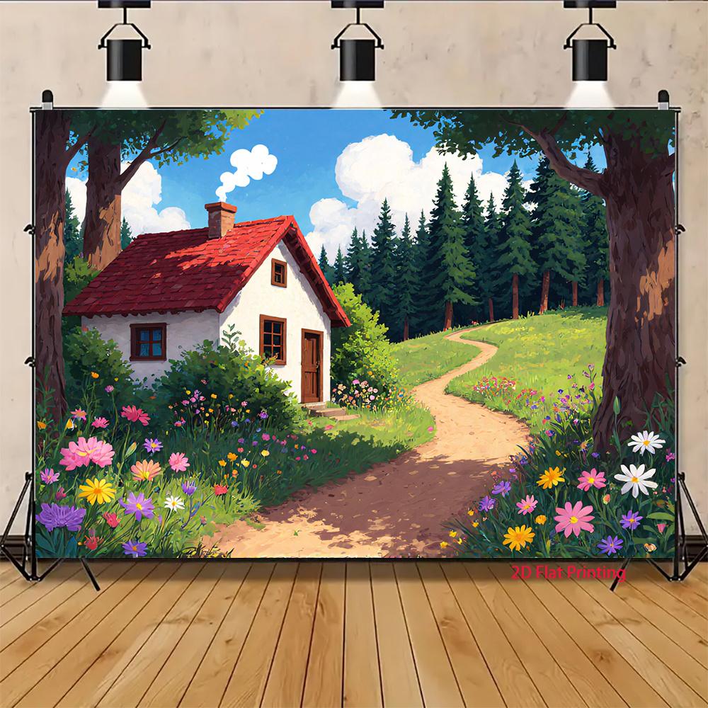 2D plane a small wooden house in a vibrant forest suitable for decorating for various party activities polyester fiber