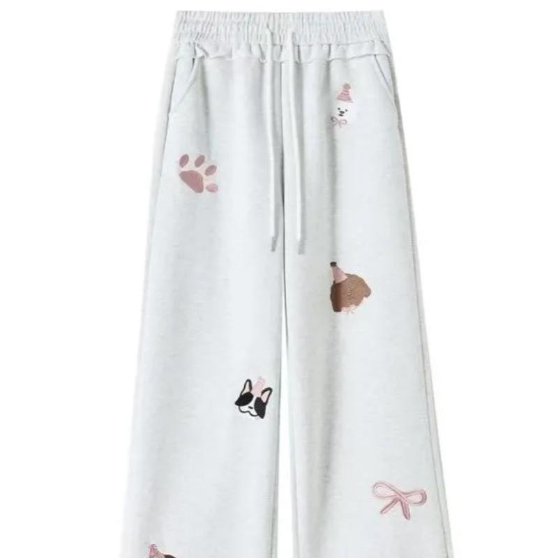 Princess Style Cartoon Embroidered Wide-Leg Drawstring Pants for Women