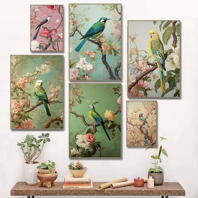Chinese Style Flower Bird Poster Parrot Cockatiel Budgie Canvas Painting Bird Wall Art Prints Picture for Living Room Home Decor