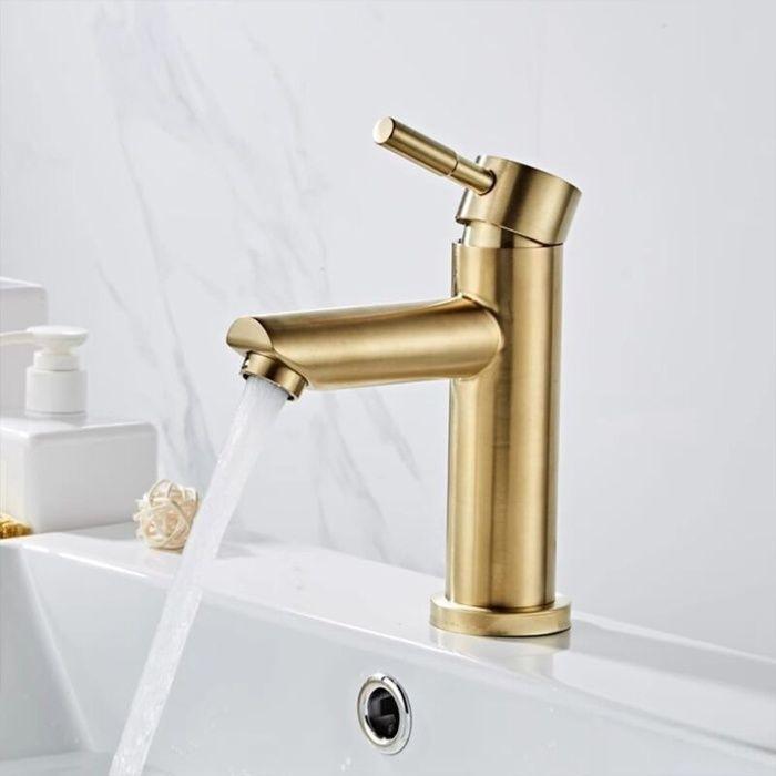 Mitigeur lavabo moderne en laiton or brossé, monotrou Ø32–35 mm, économie d'eau 30%