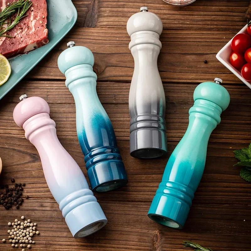 Wooden Manual Salt Pepper Grinder Set Spice Shaker Gradient Color Pepper Mill With Strong Adjustable Ceramic 6/8inch Grinder