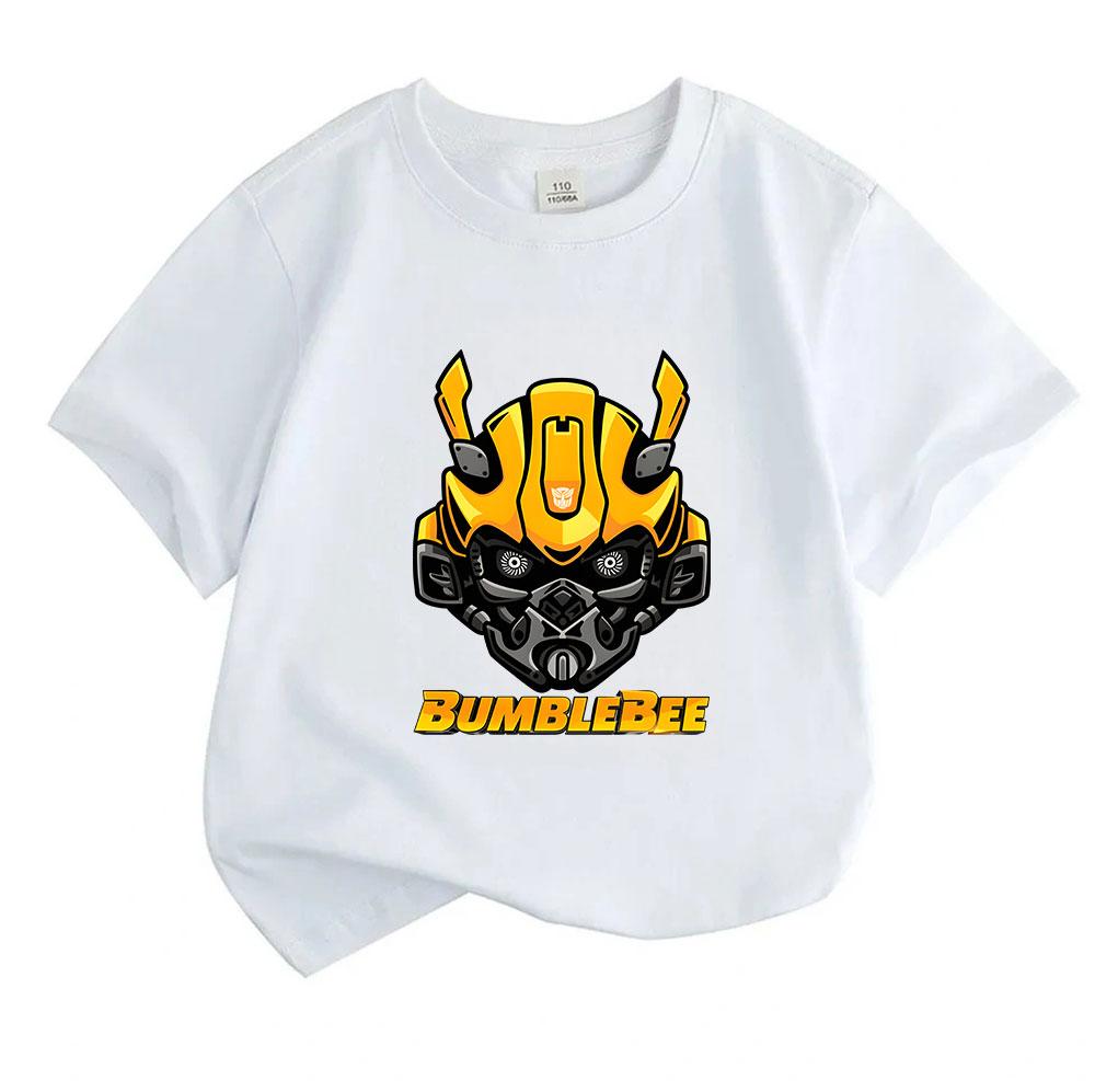 Kids Boys Girls Casual Crew Neck Short Sleeve T-Shirt, Cool Bumblebee Mecha Graphic 100% Cotton Soft Breathable Tee, Summer Daily Wear Tops for 3-12 Y
