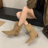 2025 New Niche Design Pleated Pile Boots Women's Low Heel Pointed Short Boots Women's Western Boots