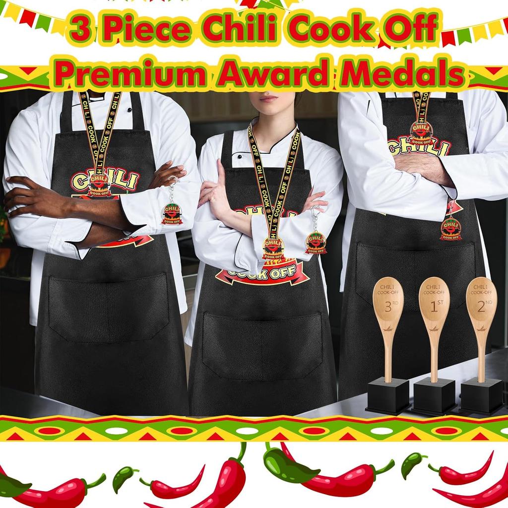Quelay 12 Pcs Chili Cook Off Prizes Include 3 Cook Off Trophy 3 Wooden 1st 2nd 3rd Engraved Spoon 3 Kitchen Cooking Aprons 3 Chili Keyring for Men