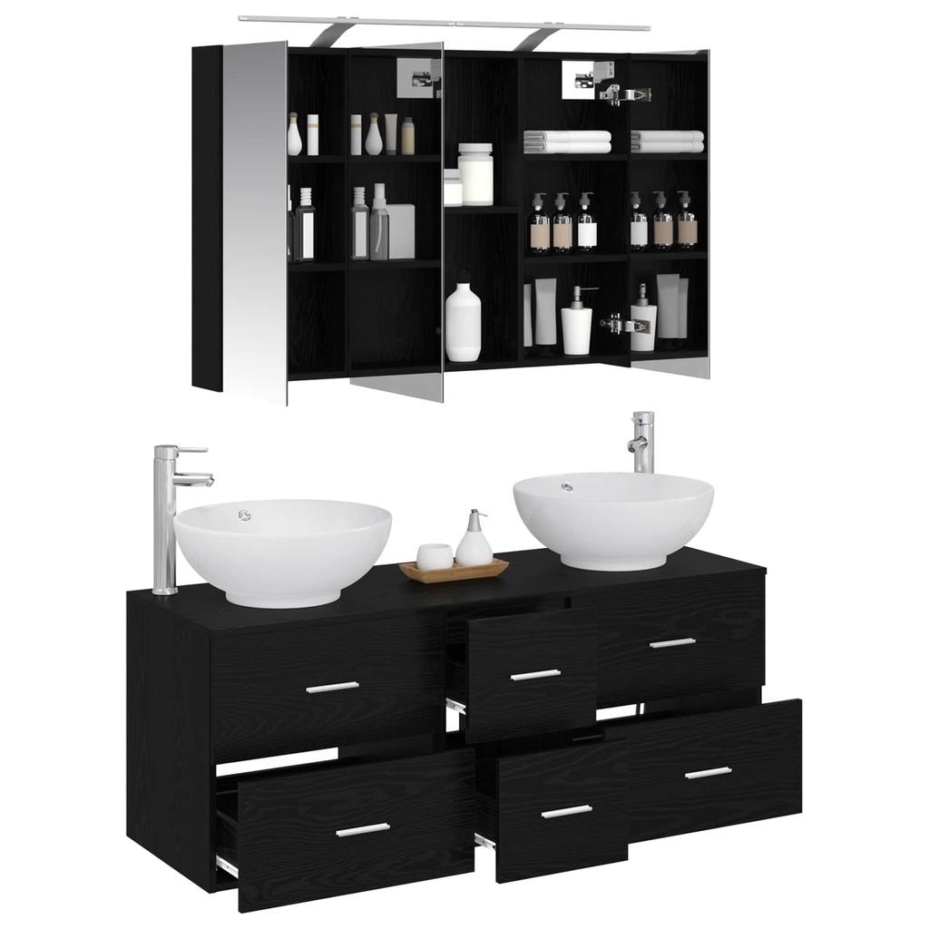 Bathroom Furniture Set 4 Pcs Black Oak Engineered Wood and Glass
