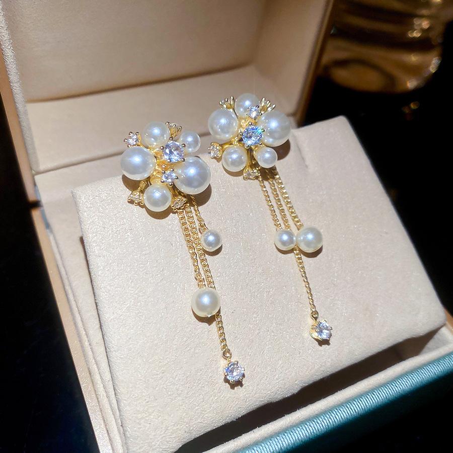 Zircon pearl fringed earrings French retro court style stud earrings temperament earrings