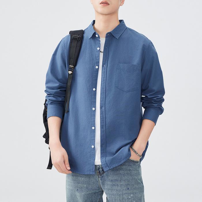 Retro Spring New Style Long-sleeved Men's Oxford Cotton Shirt Solid Color Shirt American Style