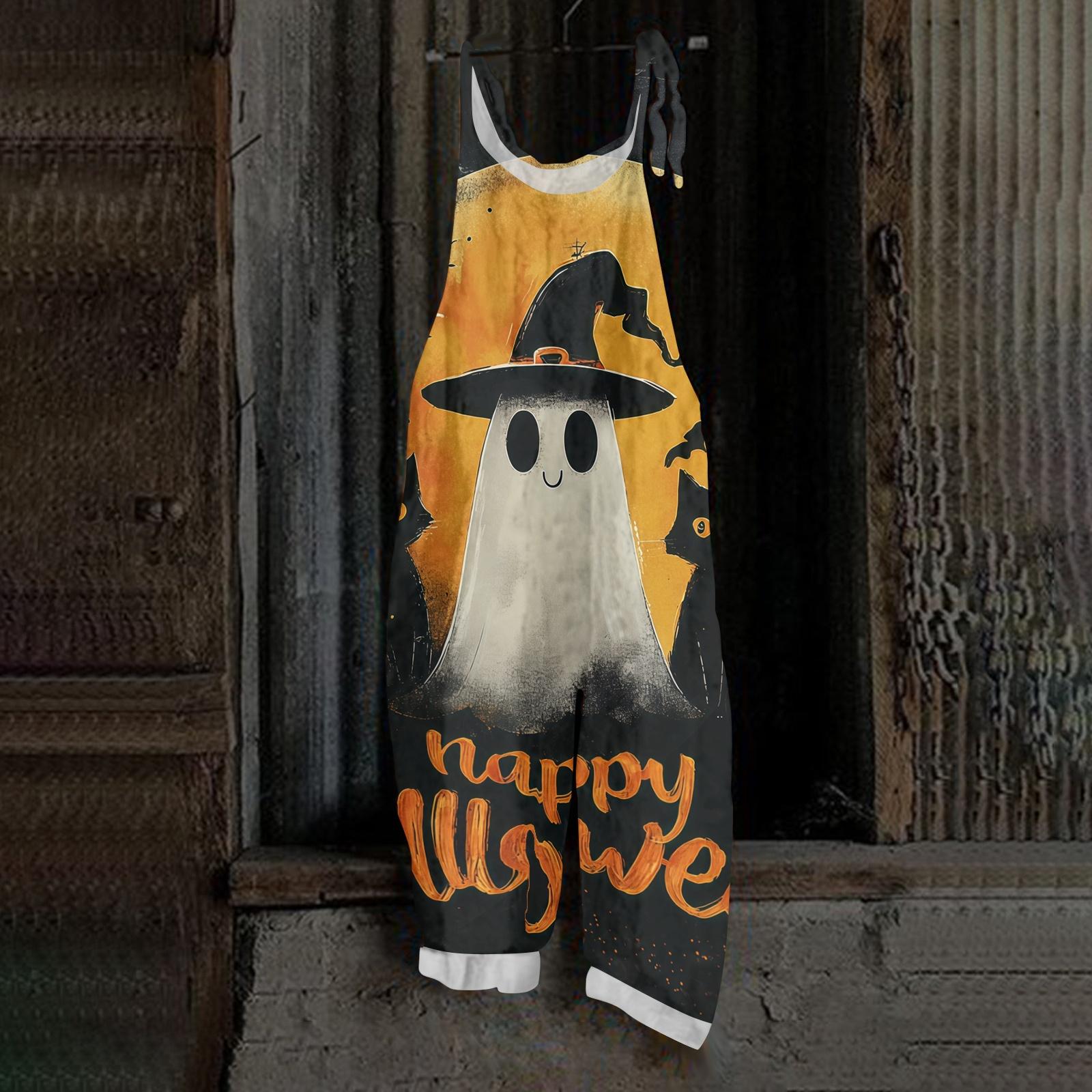 Women s Loose Fit Casual Overalls Linen Blend Jumpsuit Halloween Printed Vintage Style Adjustable Strap L чёрный