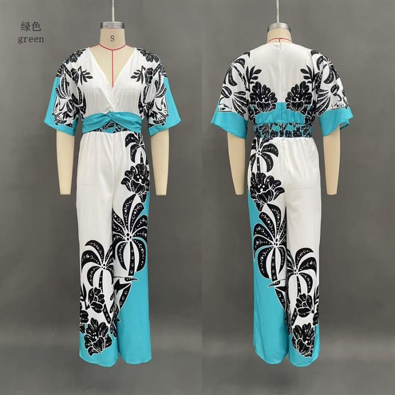 Womens V-Neck Printed Jumpsuit High-Waisted Wide-Leg Pants Casual Office Wear Lightweight Batwing Sleeve