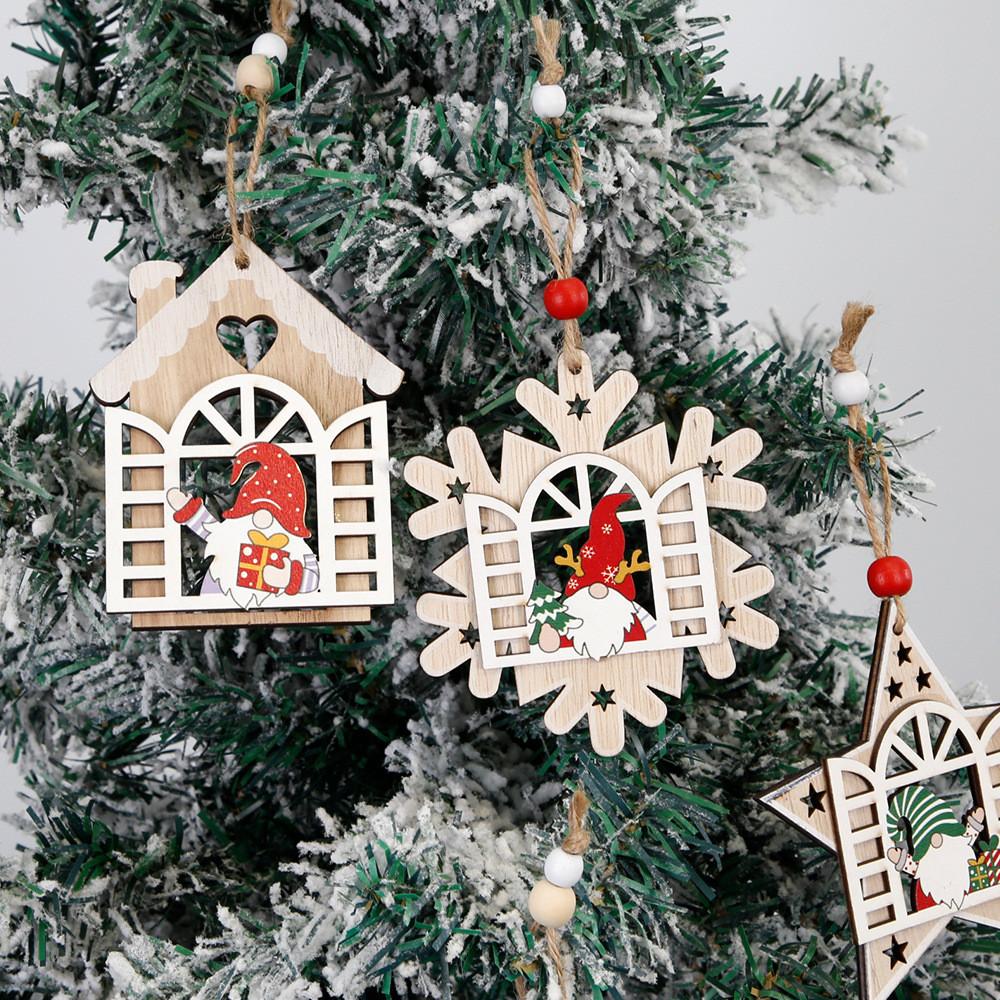 Adorable Wooden Christmas Tree Ornaments With Santa And Snow House Design
