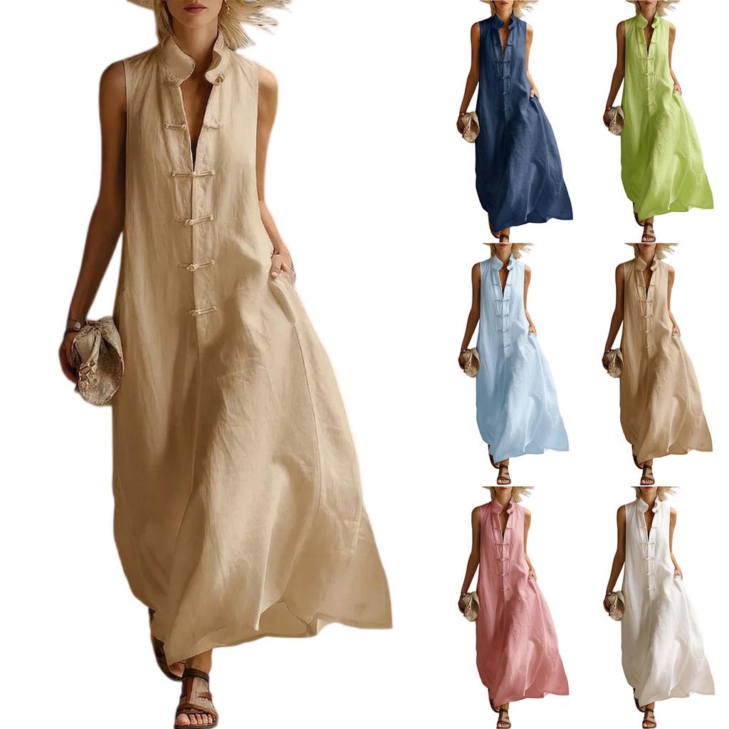 Langes Freizeitkleid für Damen, ärmellos, mit Stehkragen, lockerer Passform, aus Leinen-Baumwollmischung, mit chinesischen Froschknöpfen, für den Alltag