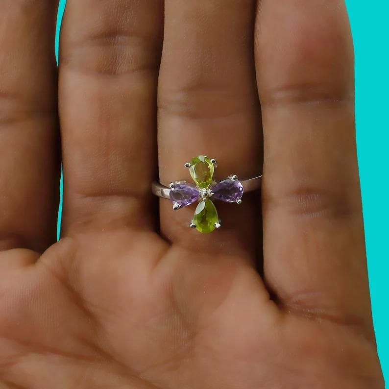 Amethyst And Peridot Gemstone Ring 925 Sterling Silver Solid Stone Fashion Rings for Women's Gift Idea Gemstone Jewelry 5.6 Gms Approx
