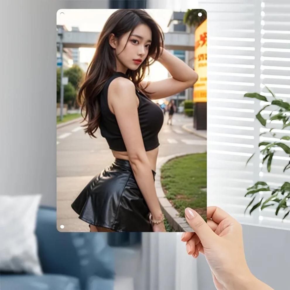 

HD Metal Tin Sign Stunning Asian Beauty in Black Crop Top Leather Skirt Urban Retro Wall Art D Flat Iron Painting Plaque for 20x30cm（7.8x11.8inch）
