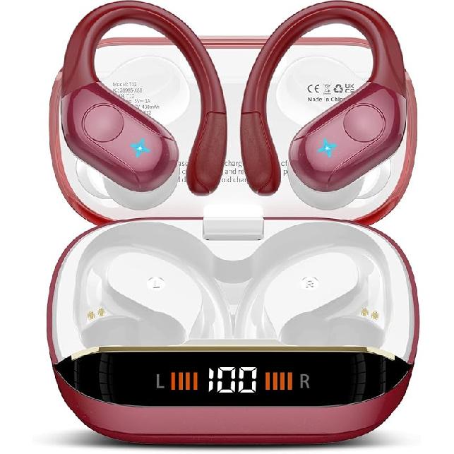 Wireless Earbuds Bluetooth 5.4 Headphones Sports, 75H Stereo Deep Bass Over Ear Buds with Earhooks, Bluetooth Earbuds with 4 ENC Mic, LED Display,