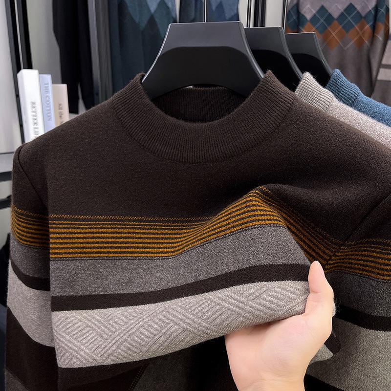 Men's Autumn/Winter 2025 Striped Knit Sweater - Middle-aged, Round Neck, Loose Fit, Elastic, Dad's Wardrobe Essential