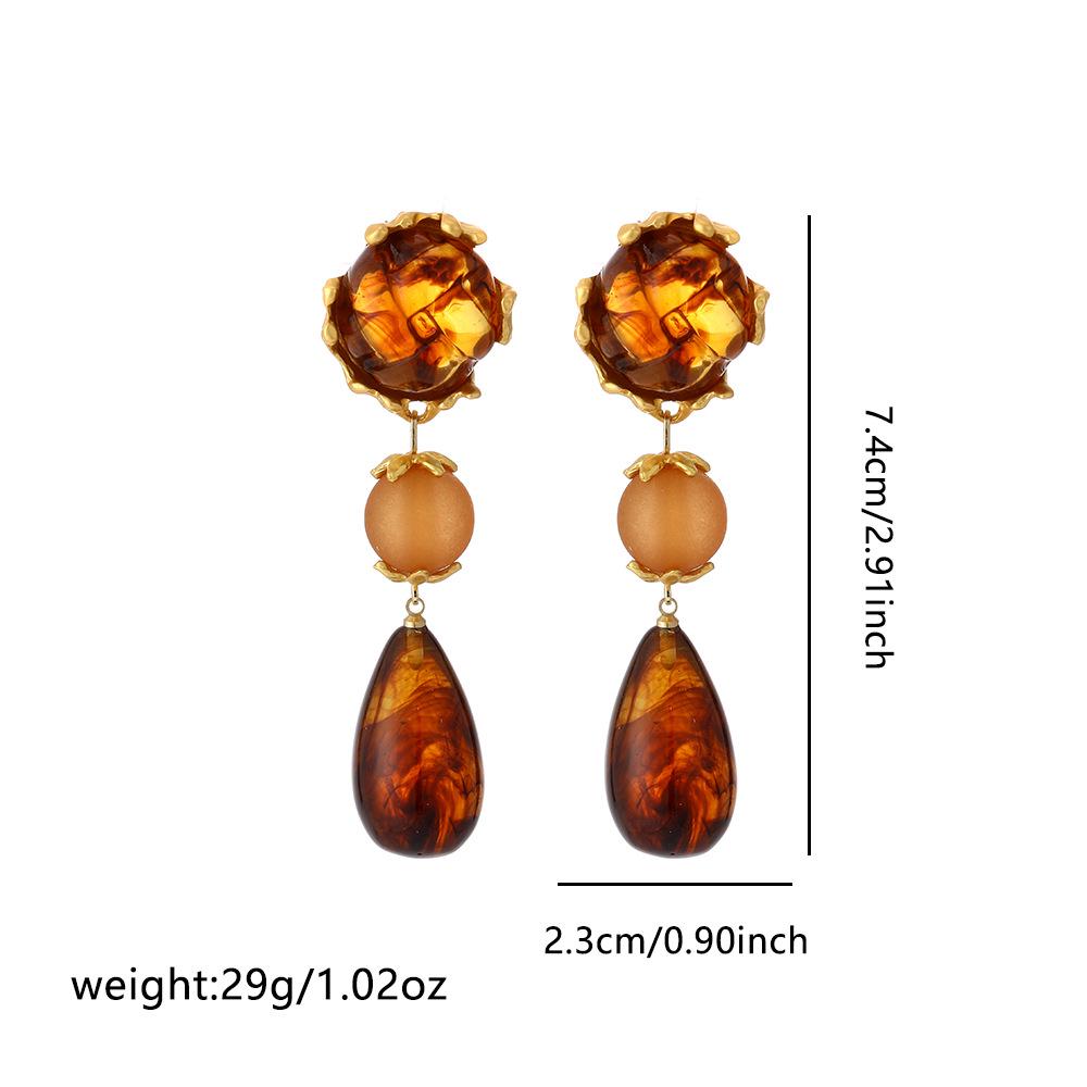 Silver Needle Caramel Amber Geometric Water Drop Earrings - European & American Retro High-End Trend 