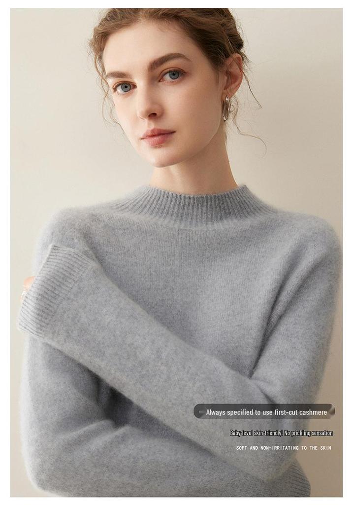 Women's Winter Pure Cashmere Sweater - Half-High Collar Loose Fit Pullover, Gentle Style, Slimming and Thick