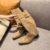 Fashion Pile Boots Vintage Pointed Toe Block Heel Plus Size Metal Belt Buckle Skinny Thigh Boots Scrub Leather Tall Boots