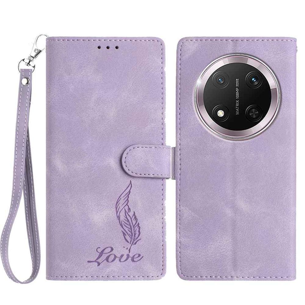 Etui na Honor X9c 5G z nadrukiem pióra, portfel ze skóry PU, pokrowiec na telefon z paskiem na nadgarstek