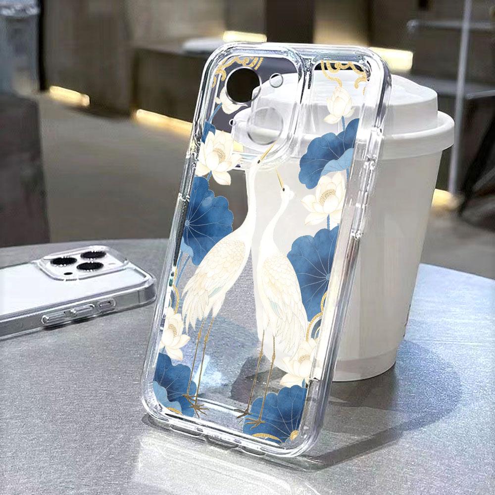 Cranes and Lotus Flowers Lucency Phone Case for IPhone 14 15 16 13 12 11 17 Pro Max 12 13 Mini Soft Cover