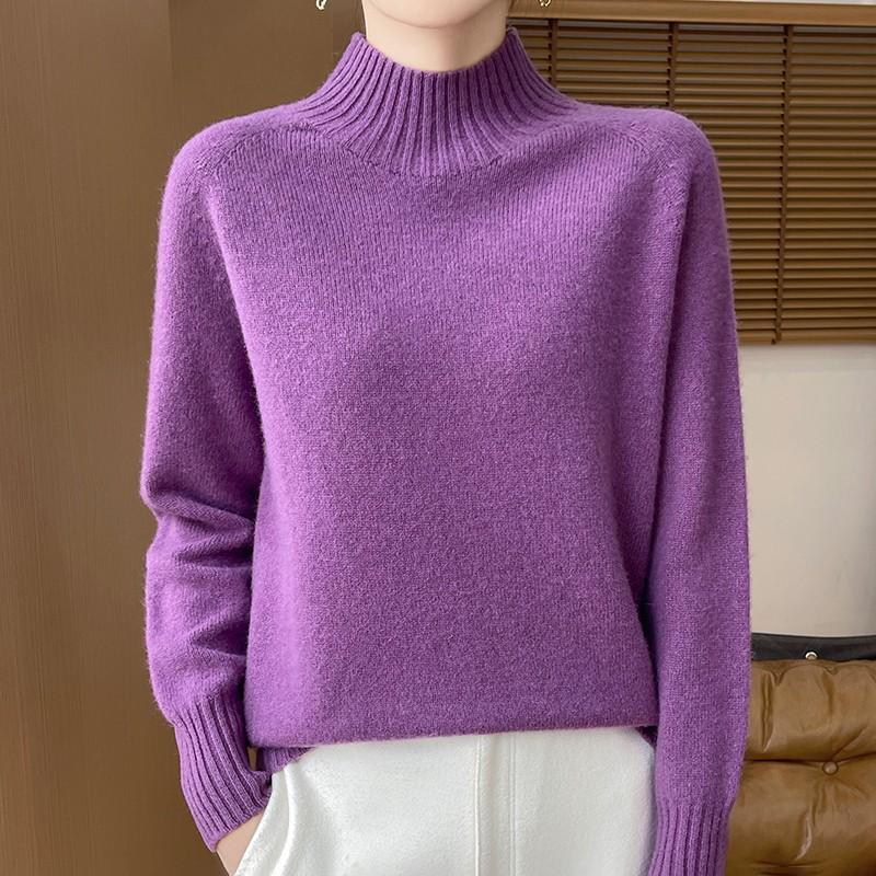 Women's Pure Wool Half-High Collar Loose Knit Sweater - Thickened Autumn/Winter Base Layer Pullover