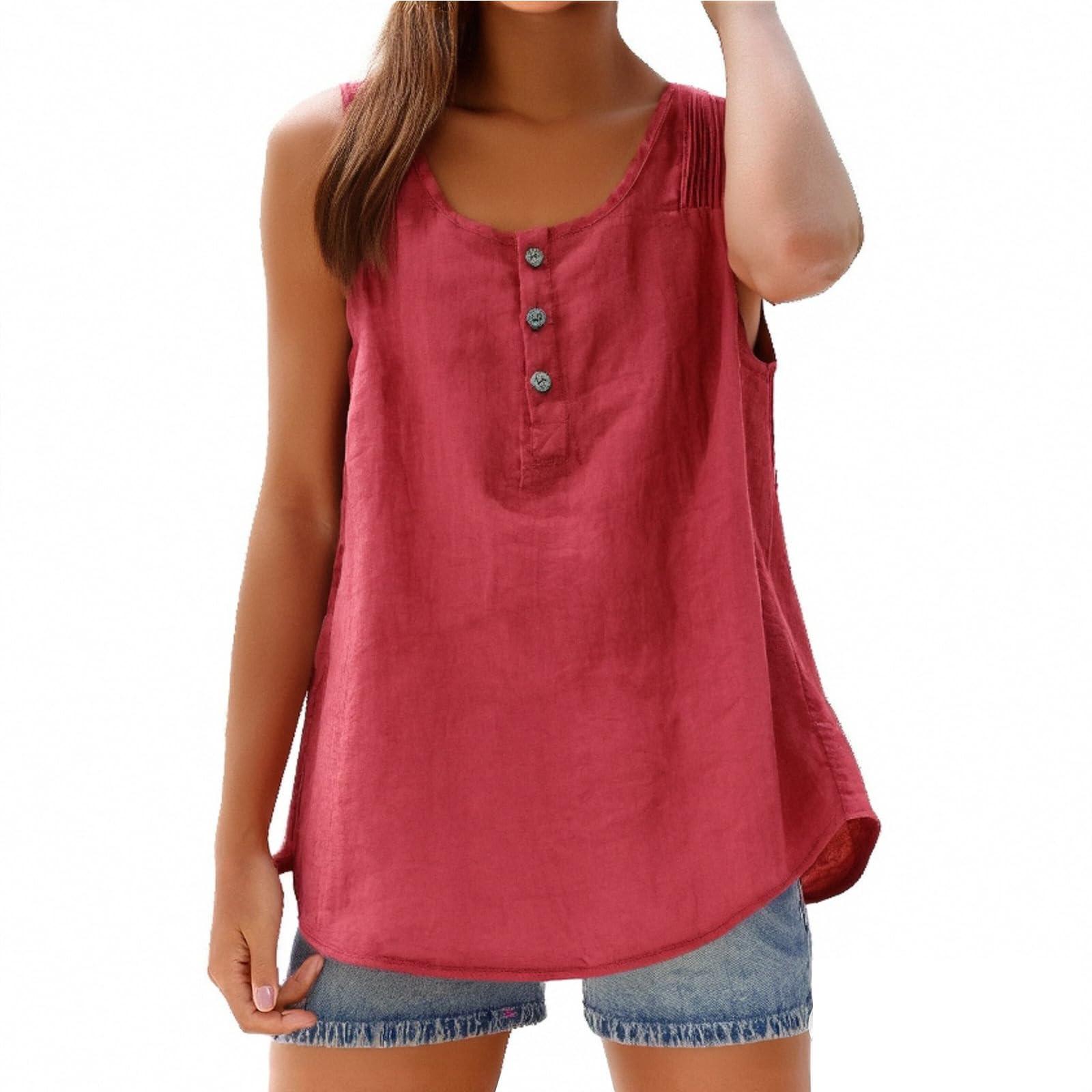 

Women s Loose Casual Cotton Linen Twisted Button Sleeveless Solid Color Vest Top L красный