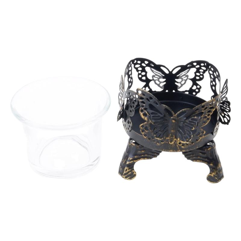 

Elegant Hollow Carved Iron Tealight Candle Stand with Glass Cup Candlestick Romantics Weddings Party Tabletop Decoration 1
