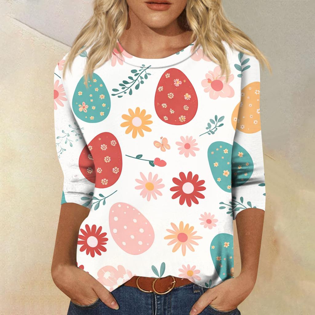 Women's Fashion Casual Sleeve Easter Elements Print Round Neck Top