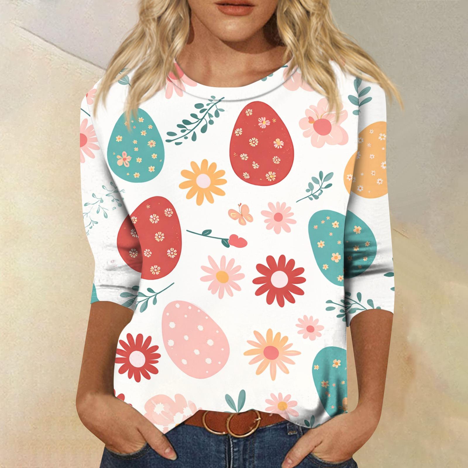 

Women s Fashion Casual Sleeve Easter Elements Print Round Neck Top XL білий