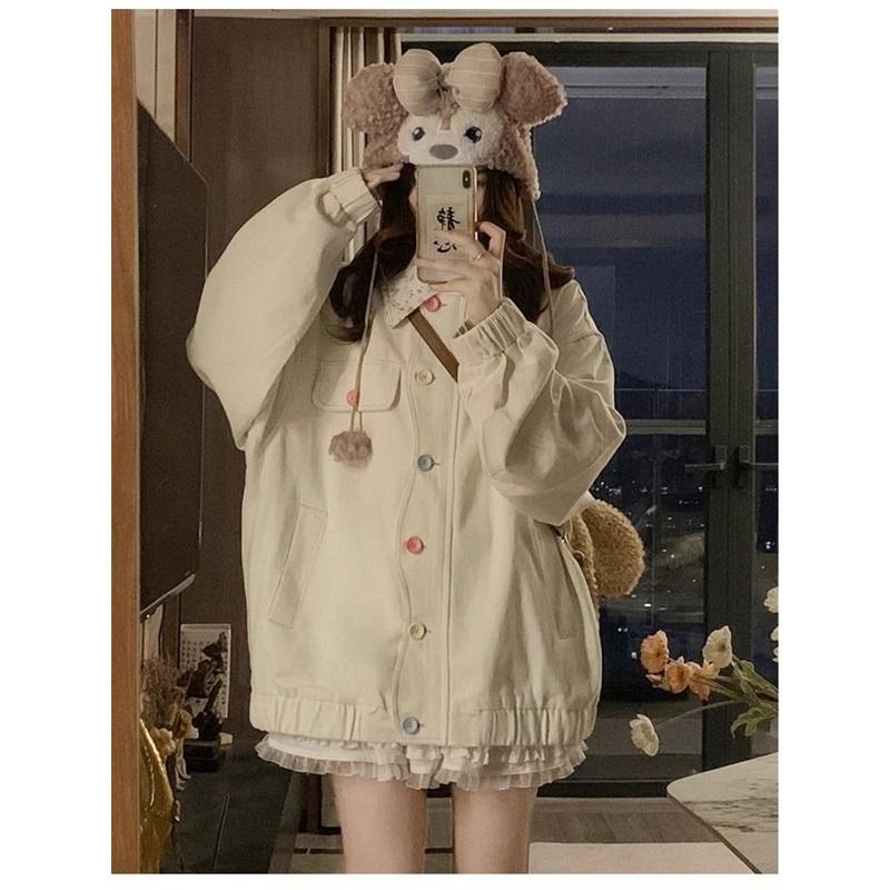 Cute Ruffle Collar Jacket For Women Oversized Casual Button Up Coat