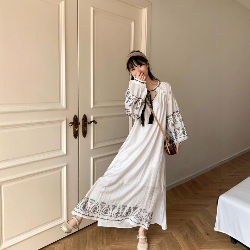 Source Bohemian Vacation Style Temperament Lace-up Round Neck Lantern Sleeve Dress Women's Autumn Embroidery
