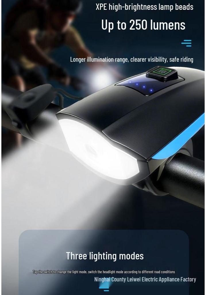 Rechargeable Front Bike Light with Horn - Powerful Night Riding LED Safety Light for Mountain Bikes
