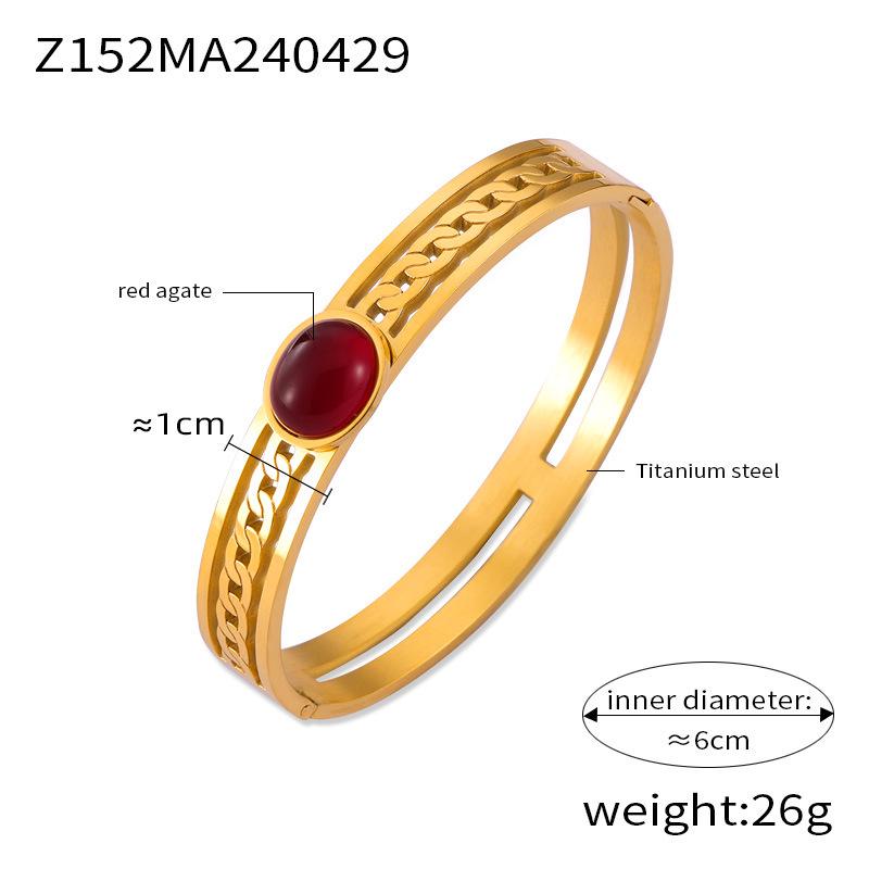 Retro Gold-Plated Titanium Steel Bracelet with Inlaid Natural Stone and Hollow Design for Women