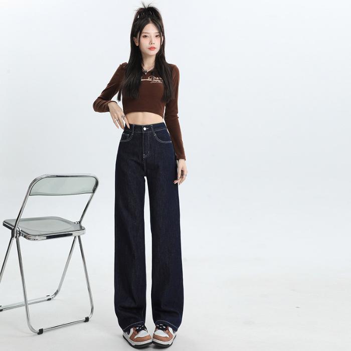 Women's High Rise Straight Leg Jeans Loose Fit Thick Fleece Lined Wide Leg Denim Pants Elegant Commuter Winter Trousers